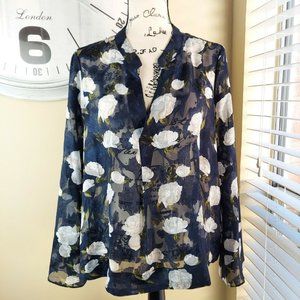 Dalia Womens Size Large sheer Blue Floral 3/4 Sleeve Lightweight